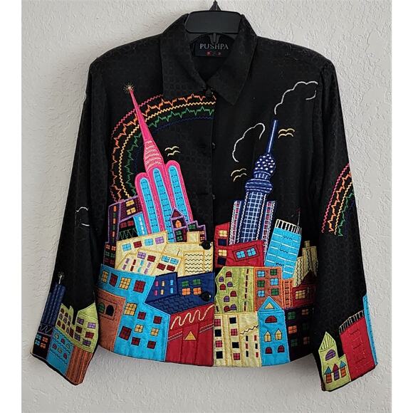 Pushpa Jackets & Blazers - JACKET/TOP-PUSHPA-CITY SCAPE-Black-Bright-Metallic-Appliques-Light Weight-SIZE S